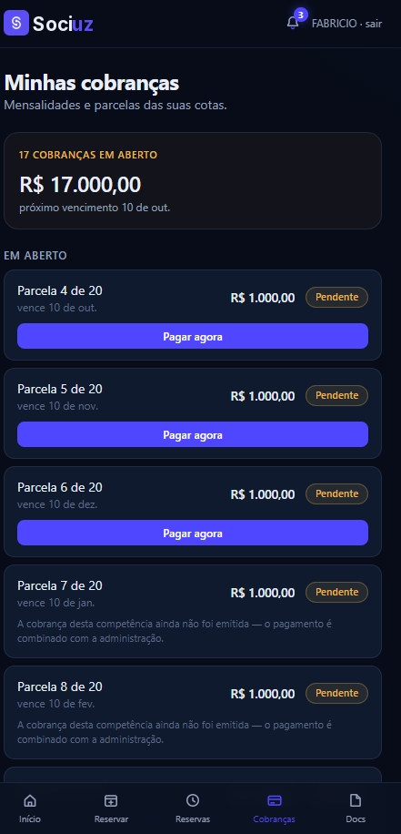 Tela de cobranças do portal do cotista, com parcelas em aberto