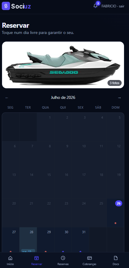Tela de reserva do portal do cotista, calendário do mês